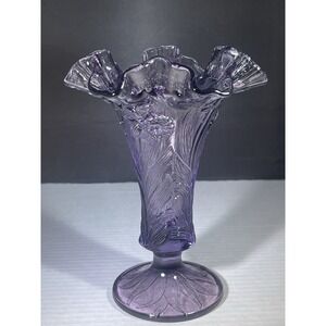 Vintage Footed Fenton Glass Purple Amethyst Vase Daffodil Ruffled Rim
